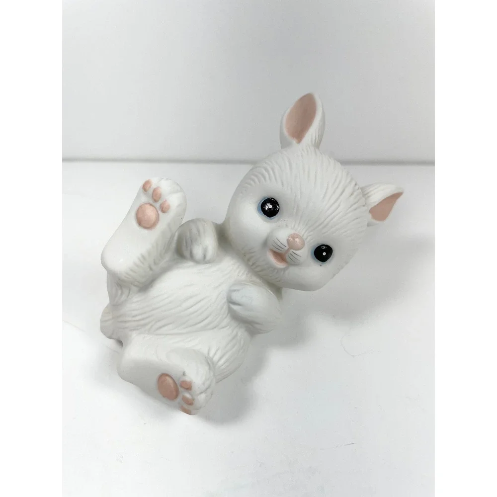 Vintage Homco Playful‎ white Baby Bunnies smiling pink ears set of 2 twee